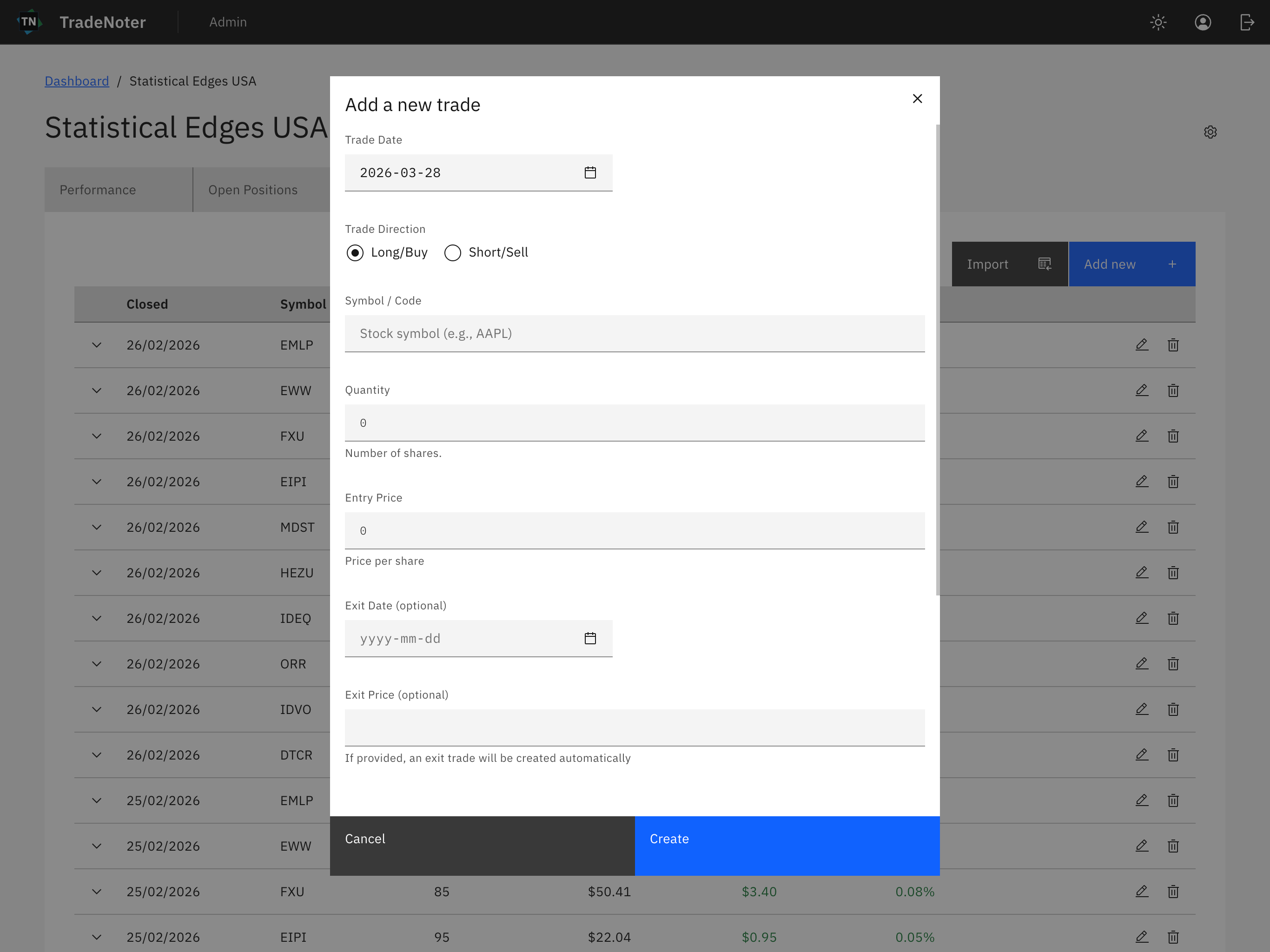 Adding a trade in TradeNoter